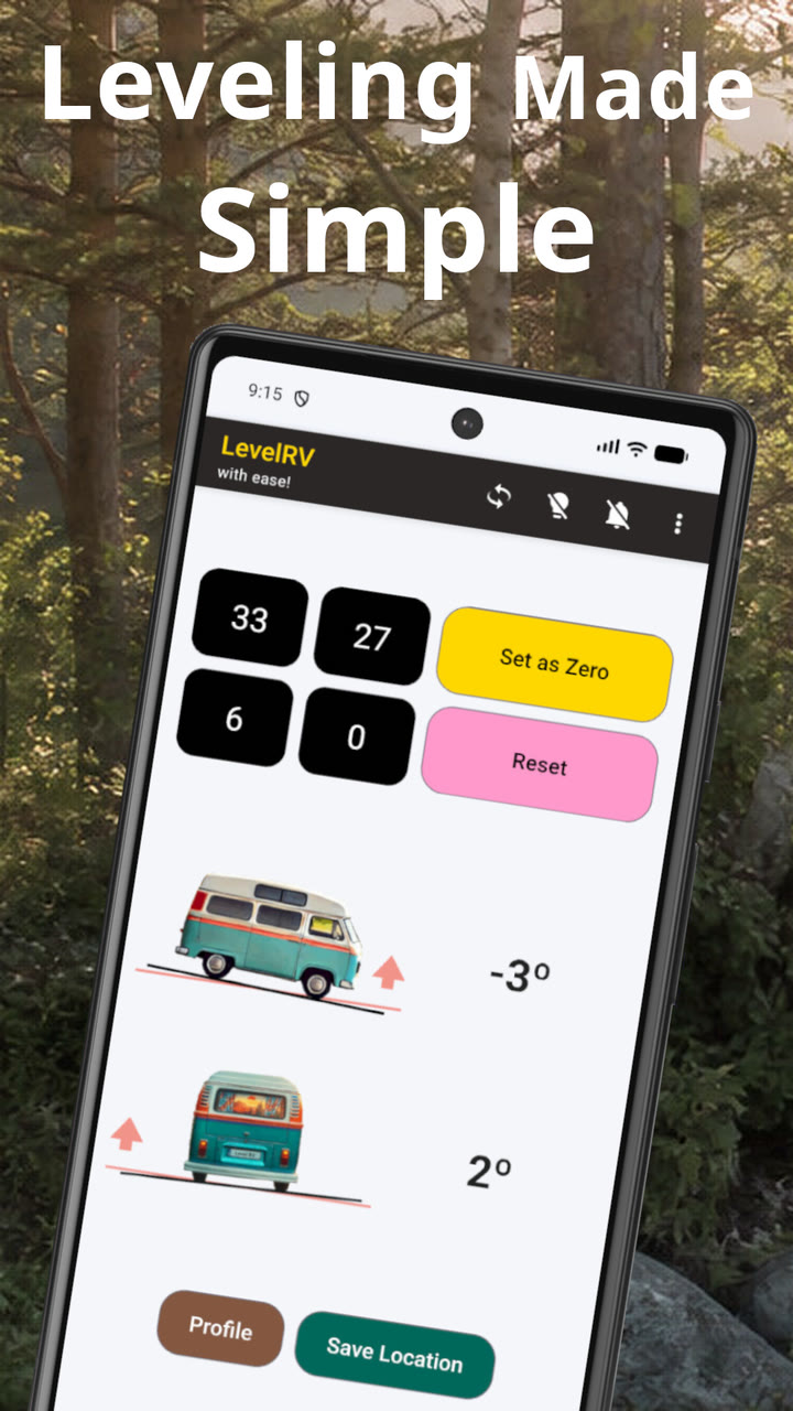 Level RV leveling screen showing tilt on both axes and the lift needed under each wheel