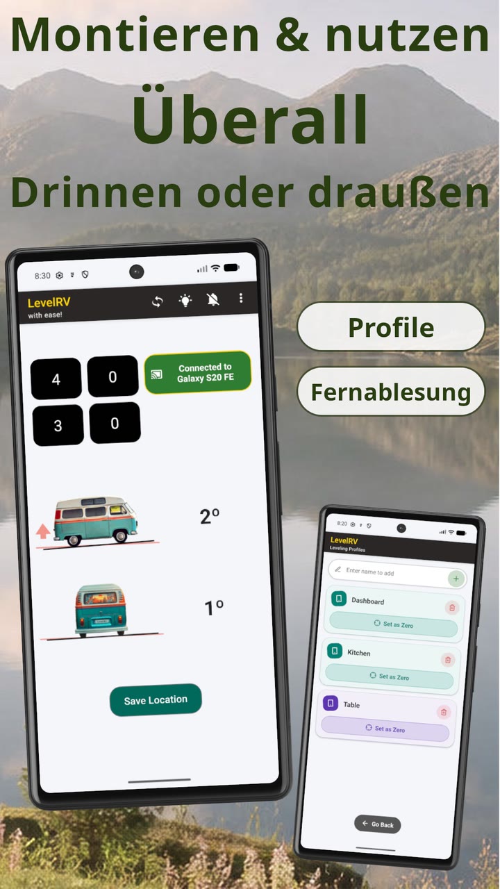Level RV Fernablesung: die Live-Anzeige vom Handy im Fahrzeug auf einem zweiten Handy draußen