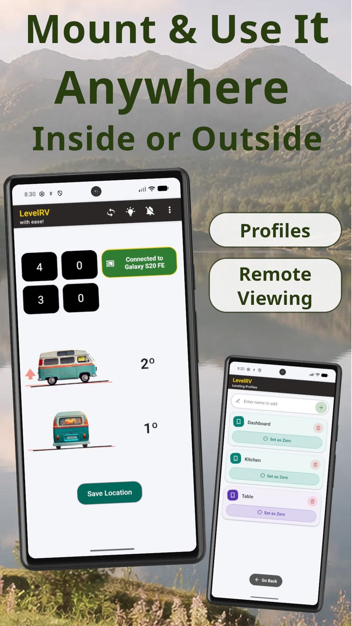 Level RV remote reading: the live level from the phone inside shown on a second phone outside