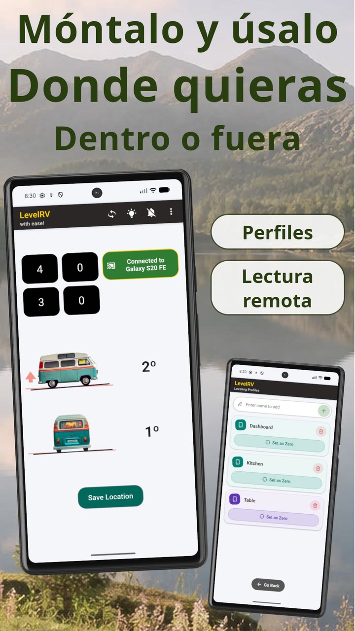 Lectura remota de Level RV: el nivel en directo del móvil del interior mostrado en un segundo móvil fuera