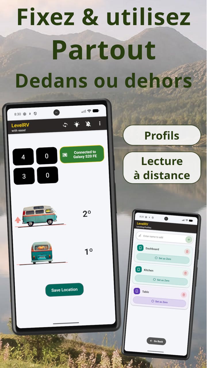Lecture à distance de Level RV&nbsp;: le niveau en direct du téléphone resté à l'intérieur, affiché sur un second téléphone à l'extérieur