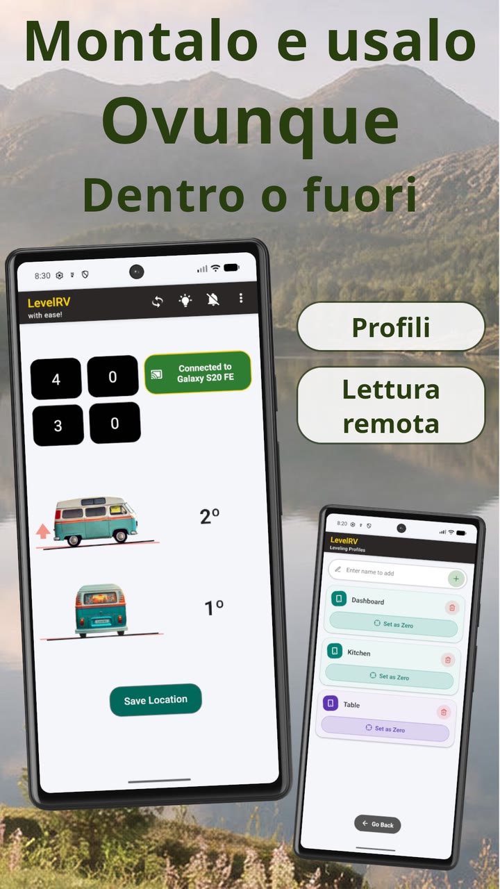 Lettura remota di Level RV: la livella in tempo reale del telefono all'interno mostrata su un secondo telefono all'esterno