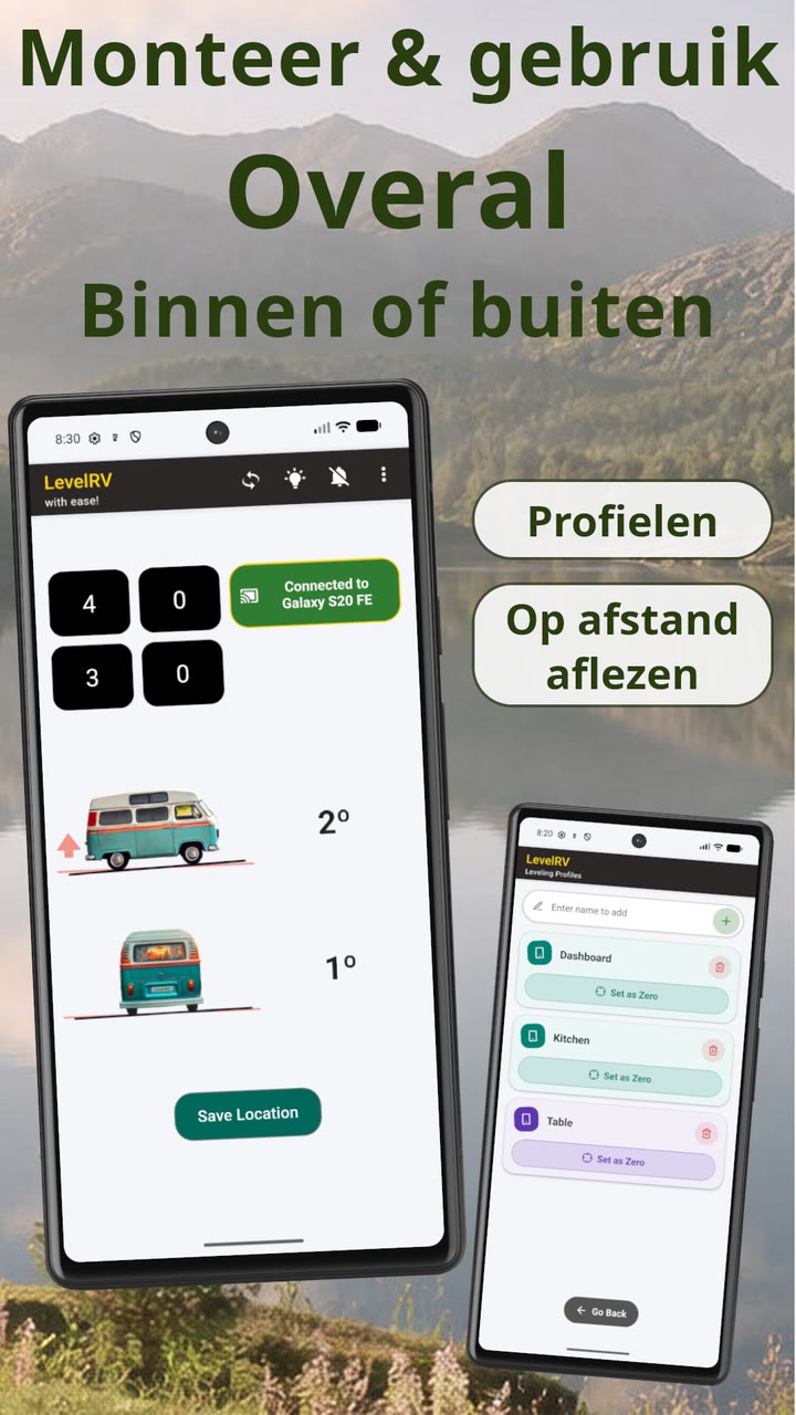 Level RV op afstand aflezen: de live meting van de telefoon binnen, getoond op een tweede telefoon buiten