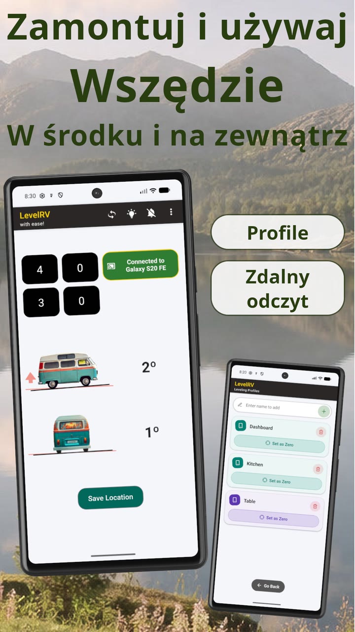 Zdalny odczyt w Level RV: poziom na żywo z telefonu w środku wyświetlany na drugim telefonie na zewnątrz